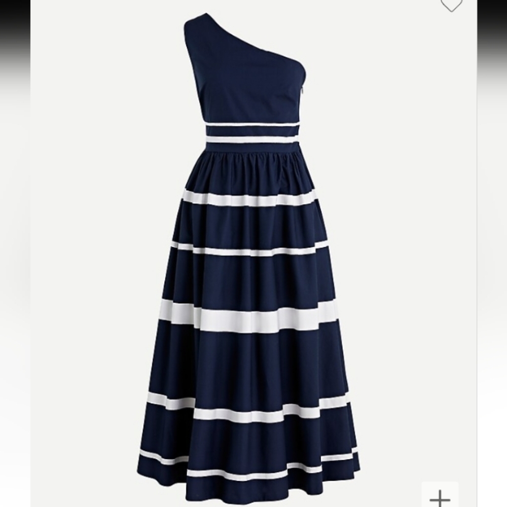 J Crew One Shoulder Cotton Poplin Maxi Dress Navy Blue White Stripe Size 2